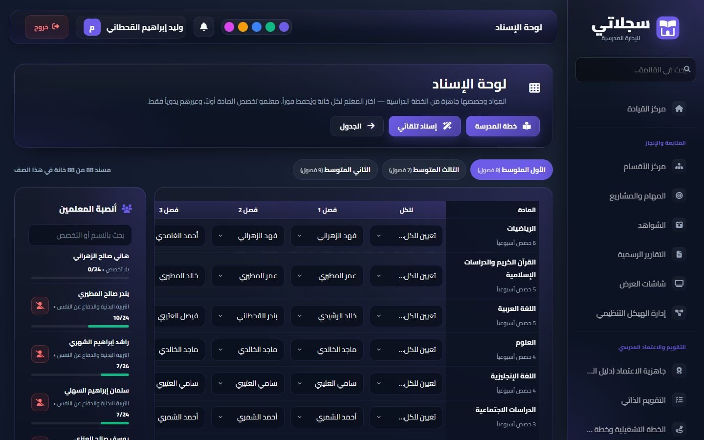 لوحة الإسناد: المواد × الفصول، وأنصبة المعلمين على الجانب